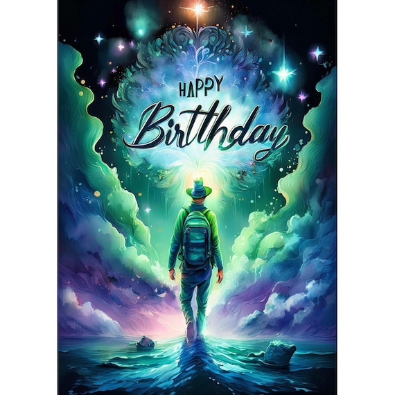 Postcard. Man with backpack Happy Birthday