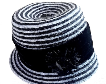 Black Velvet Cloche Hat One Size womens bucket church retro flapper 20s