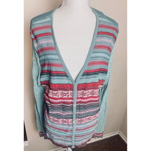 Francesca Rose Teal Striped Metallic Pointelle Knit Cardigan Sweater XL Boho