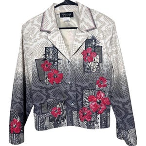 May include: A long-sleeve blazer featuring a gradient from cream to dark grey with a snakeskin pattern. The garment displays rectangular panels with red hibiscus flower graphics and a black label reading CHRISTINA HOPE at the inner collar.