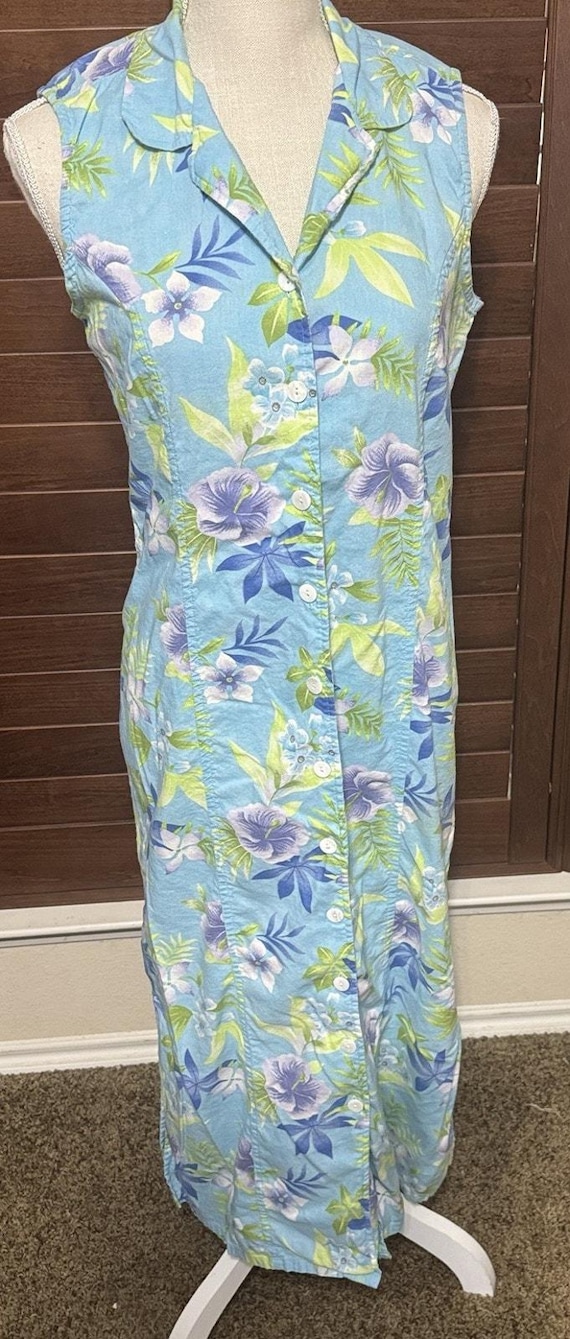 Erika Vintage Maxi Dress Size M Tropical Hawaiian Floral Sleeveless Blue 90s Erika Vintage Maxi Dress Size M Tropical Hawaiian Floral Sleeveless Blue 90s