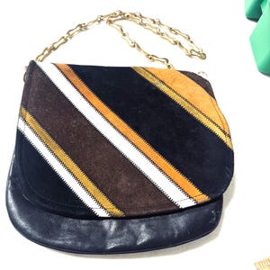 Vintage 70s suede & leather striped saddle bag purse flap gold chain patchwork
