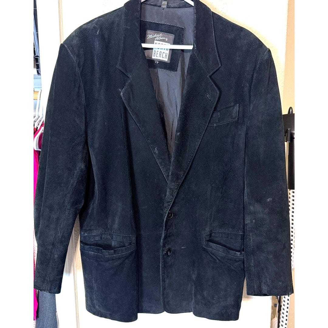 Veste Blazer Homme Vintage North Beach En Cuir Daim Noir - Taille 42R, Marque Michael Hoban, Occasion Bon état