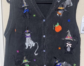 Vintage Karen Scott Halloween-gebreid truivest met geborduurde zwarte katten met kralen