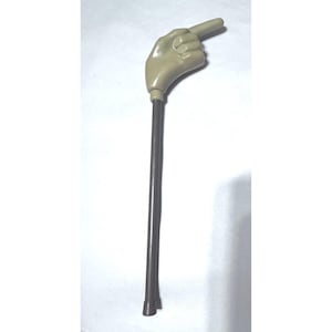 May include: A beige plastic hand-shaped pointer attached to a long, thin, dark brown cylindrical rod. The hand is molded into a gesture with the index finger extended straight out, serving as the tip of the pointing tool for presentations.