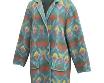 VTG Bedford Fair Blanket Southwestern Tapestry Jacket 2X Turquoise Cotton Woven