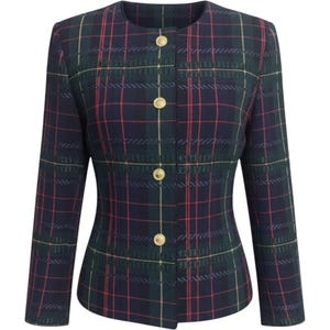 May include: A long-sleeved jacket featuring a dark navy blue, forest green, and red plaid pattern. The garment has a round neckline, a straight hem, and a front closure secured by four circular gold-toned metal buttons with embossed detailing.