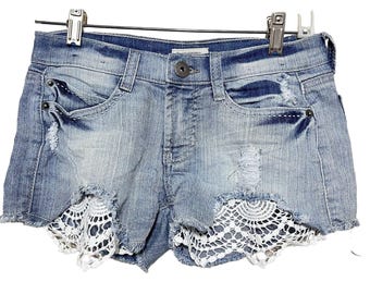 Mudd Jean Denim Shorts Juniors sz 5 Shortie Y2K Distressed Lace trim 90s