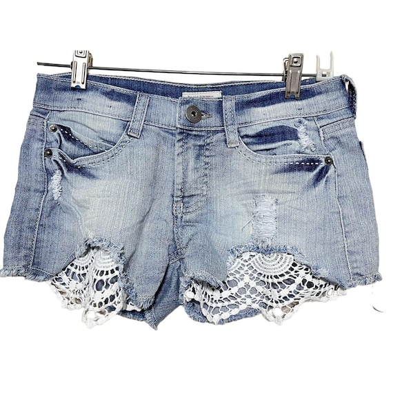 Mudd Jean Denim Shorts Juniors Sz Shortie Y2K Distressed Lace