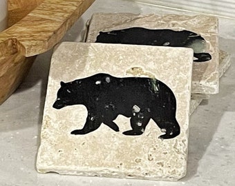 Black Bear Premium Natural Stone Coasters, Rustic Wildlife, Made in USA