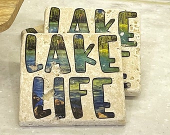 Lake Life Premium Natural Stone Coasters, River Coasters, Lakehouse Coasters, Friend Gift, Housewarming Gift, New Home Gift, VRBO, AirBNB