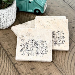 Wildflower Stone Coasters: Rustic Wildlife Decor, Natural Travertine