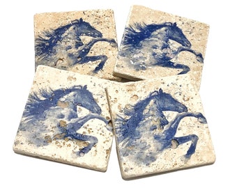 Blue Watercolor Horse Premium Natural Stone Coasters, Horse Lover, Equine Decor, Blue Horse