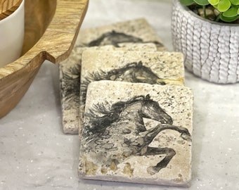 Black & White Watercolor Horse Premium Natural Stone Coasters, Horse Lover, Horse Gift, Watercolor Coasters