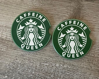 Caffeine Queen Car Coasters Set of 2, Coasters for Car, Round Coasters, Coffee Lover Gift, Girlfriend Gift, Coffee Mermaid, Sandstone