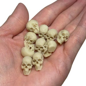 May include: A collection of small, off-white skull figurines. The skulls are detailed with visible eye sockets, nasal cavities, and teeth. The miniature skulls are held in a hand, with a white background.