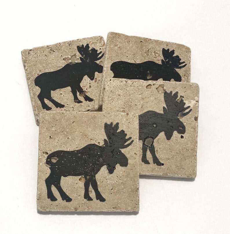 Moose Natural Stone Coasters Set Rustic Moose Decor Moose Etsy