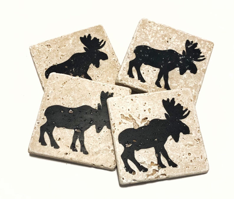 Moose Natural Stone Coasters Set Rustic Moose Decor Moose Etsy