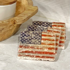 Distressed American Flag Premium Natural Stone Coasters, patriotic decor, Stars and Stripes, Americana decor