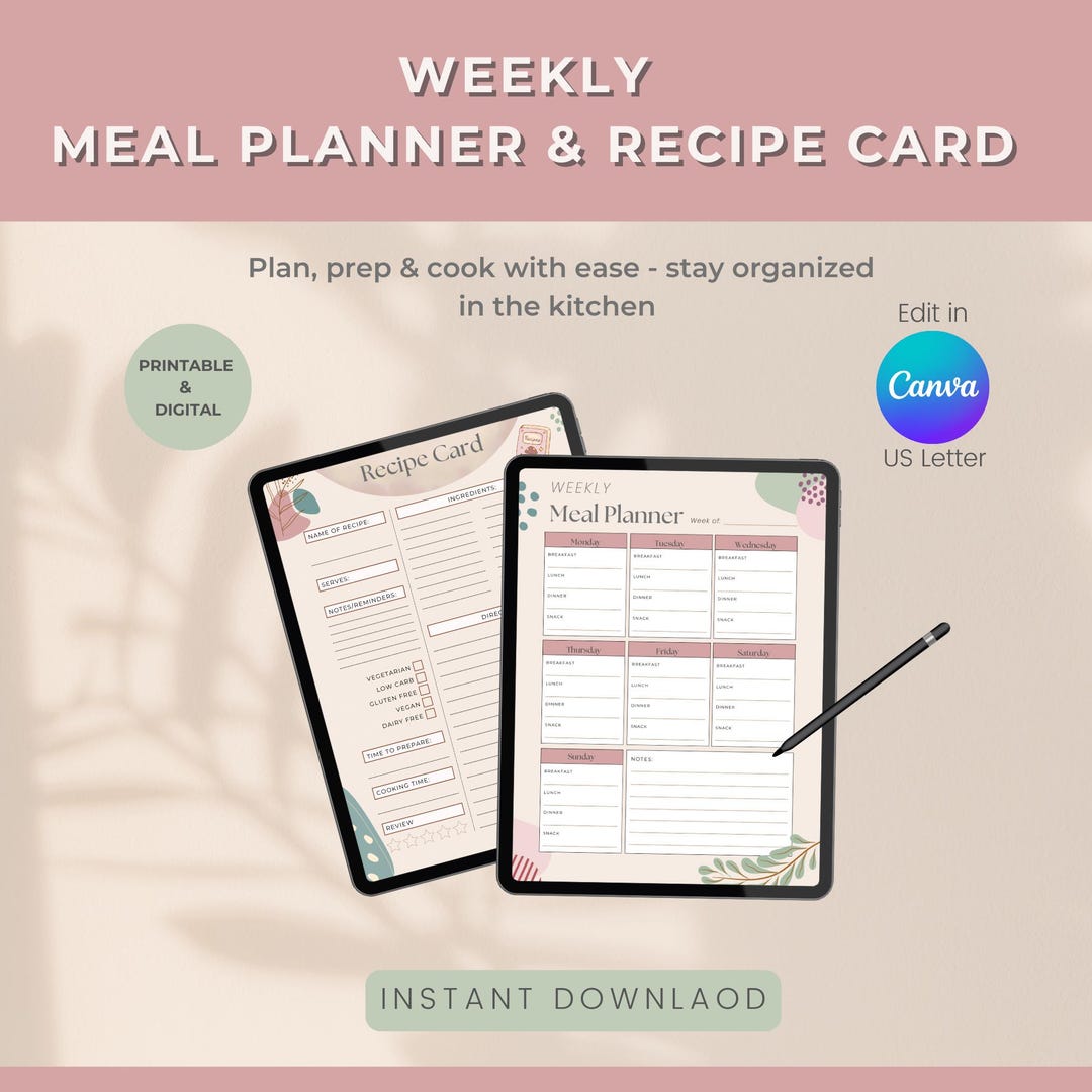 Weekly Meal Planner & Recipe Card Bundle Printable | Meal Planning PDF ...
