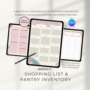 May include: Printable grocery list and pantry inventory templates. The templates are designed in a light pink and green color scheme with floral accents. The text "WEEKLY SHOPPING LIST & PANTRY INVENTORY" is displayed at the bottom of the image.