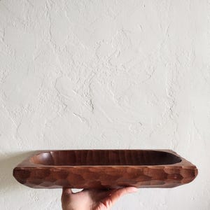 Vintage hand carved and chiseled rectangular teak wood tray with hammered look