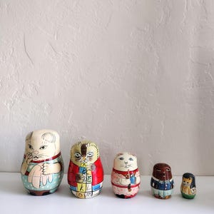 Vintage handmade and painted Russian wooden 5 nesting cats doll