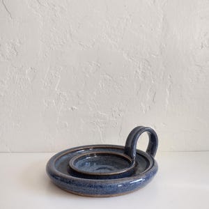 Blue handmade 5.75" studio pottery round candleholder with handle