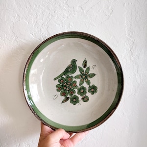 Vintage Ken Edwards Tonala pottery hand painted green bird plate