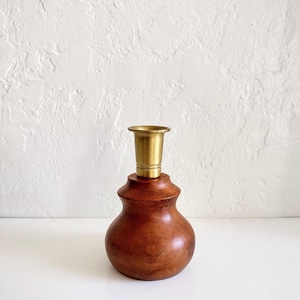 Vintage walnut wood and brass simple hand turned candleholder
