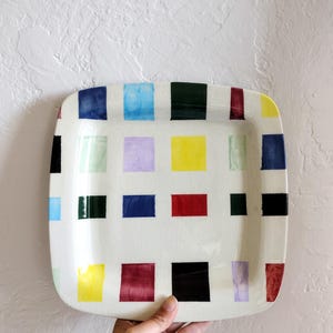 Studio pottery ceramic 10&quot; square plate with colorful hand painted squares