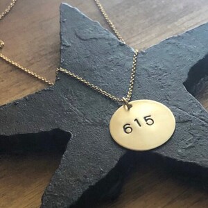 Peut inclure: Un collier doré avec un pendentif circulaire. Le pendentif porte le numéro "615" estampé en noir. Le collier repose sur un objet noir en forme d'étoile, avec une surface en bois en arrière-plan.