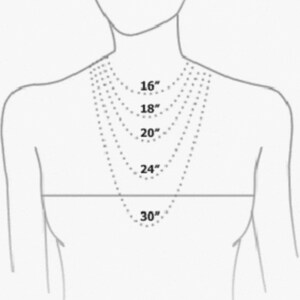 May include: A diagram illustrating necklace lengths, ranging from 16 inches to 30 inches. The image shows a stylized torso with dotted lines representing different necklace lengths. Each line is labeled with its corresponding length in inches.