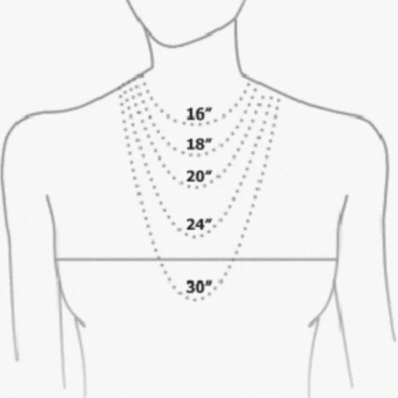 May include: A diagram illustrating necklace lengths, ranging from 16 inches to 30 inches. The image shows a stylized torso with dotted lines representing different necklace lengths. Each line is labeled with its corresponding length in inches.