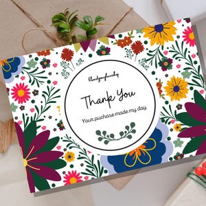 Cartão de agradecimento para pequenas empresas | Cartão de desconto para impressão | Encarte de embalagem laranja-azulado | Design de cartão floral | Cartão de agradecimento minimalista