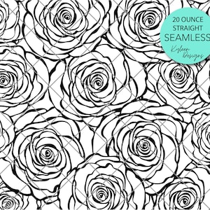 May include: Black and white seamless pattern featuring a repeating design of stylized roses. The pattern is labeled "20 Ounce Straight Seamless!  Kylene Designs".