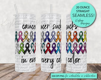 SEAMLESS cancer sucks in every colors 20 ounce tumbler wrap for sublimation, waterslide High res PNG digital file- Straight only