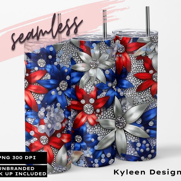 SEAMLESS floral patriotic rhinestones 20 ounce tumbler wrap for sublimation, waterslide High res PNG digital file- Straight only