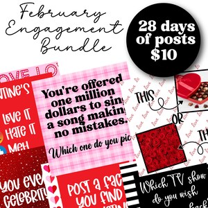 May include: A collage of 28 Valentine's Day themed social media post ideas for February. The text includes "You're offered one million pounds to sing a song making no mistakes." and "Which TV show do you wish you watched back?"