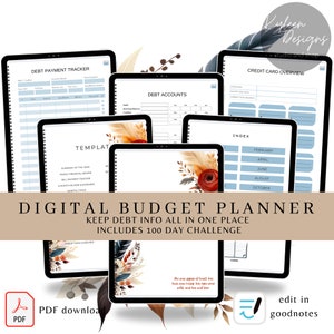 Könnte beinhalten: Digitaler Budgetplaner mit floralem Design. Der Planer enthält einen Schuldenrückzahlungs-Tracker, Schuldenkonten, eine Kreditkartenübersicht und ein Index. Der Text "Digitaler Budgetplaner" ist fett gedruckt und der Text "Alle Schuldeninformationen an einem Ort" und "Enthält 100-Tage-Challenge" ist kleiner. Der Text "in goodnotes bearbeiten" befindet sich in der unteren rechten Ecke des Bildes.