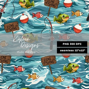 May include: A seamless digital paper pattern featuring a whimsical fishing theme. The pattern includes cartoon fish, fishing rods, bobbers, and signs that say "Gone Fishing". The background is a blue and white water pattern.