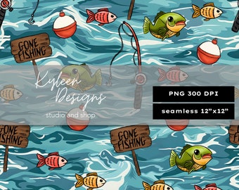 SEAMLESS fishing pattern high res PNG 12x12