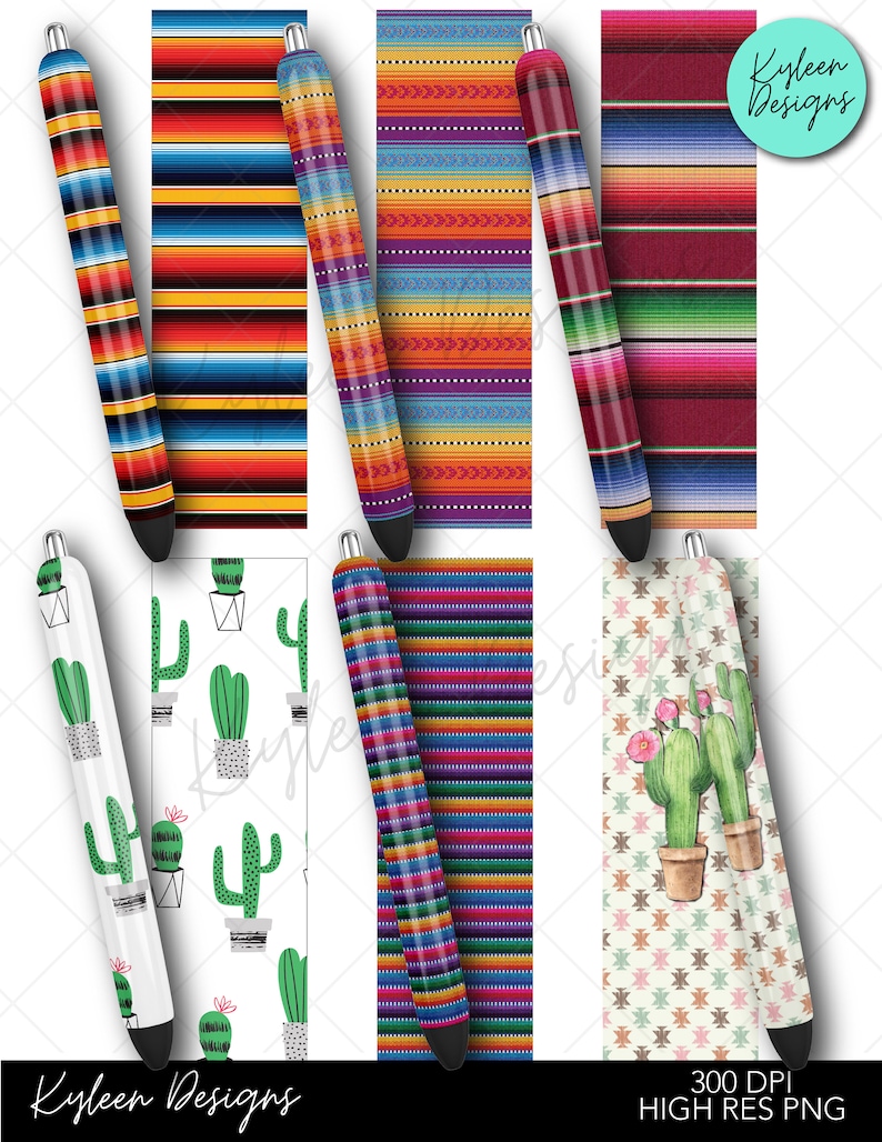 Pu&ograve; includere: Una collezione di penne con disegni colorati. Le penne presentano motivi a righe, cactus e motivi floreali. Le penne sono in vari colori, tra cui blu, rosso, verde e bianco. L'immagine include anche il testo "Kyleen Designs" e "300 DPI HIGH RES PNG".