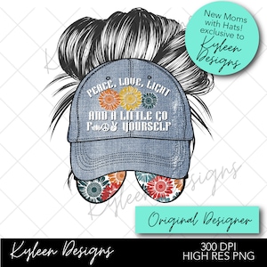 ORIGINAL DESIGNER Messy Bun Peace Liebe Licht Hut Retro Gänseblümchen Sonnenblume Sublimation, Wasserfolie Hochauflösende PNG digitale Datei