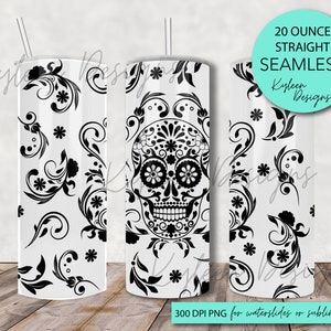 May include: A 20 ounce straight seamless tumbler with a black and white sugar skull design and floral pattern. 300 DPI PNG for waterslides or sublimation.