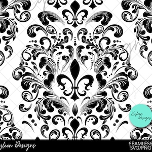 May include: A black and white seamless pattern featuring a damask design with intricate floral details. The pattern is repeated throughout the image, creating a luxurious and elegant look.