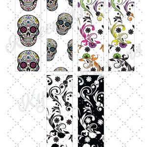 Könnte beinhalten: Eine Sammlung dekorativer Lesezeichen. Einige zeigen farbenfrohe Sugar-Skull-Designs, während andere florale und wirbelnde Muster in verschiedenen Farben präsentieren. Die Lesezeichen sind rechteckig und auf weißem Hintergrund gedruckt.
