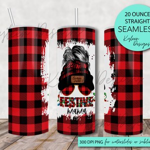 Gorro de moño desordenado SEAMLESS Festive MAMA de diseñador original, envoltura de 20 onzas para sublimación, tobogán de agua, archivo digital PNG de alta resolución, solo recto