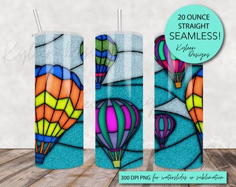 Seamless hot air balloon Stained glass 20 ounce wrap for sublimation, waterslide High res PNG digital file- Straight only