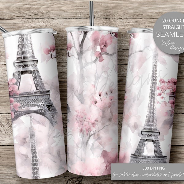SEAMLESS Paris floral Eiffel tower 20 ounce tumbler wrap for sublimation, waterslide High res PNG digital file- Straight only